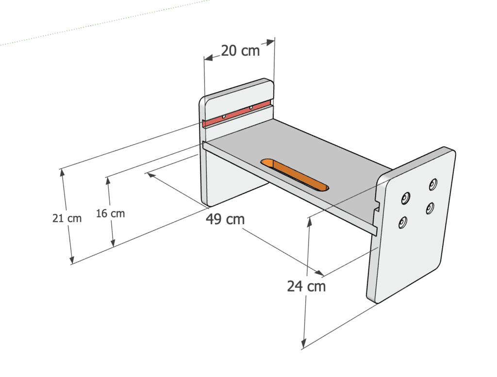 客製嘟嘟椅把手改開坐板款的設計圖,標示寬度、深度與壓低後的坐高